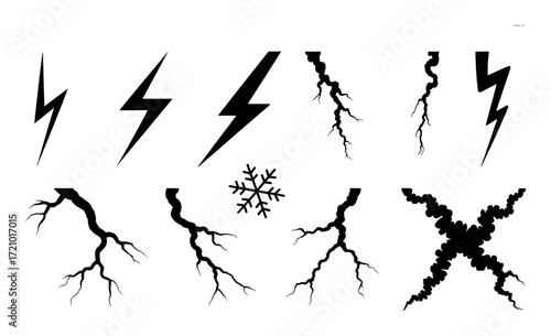 Collection of Black Lightning Bolt and Crack Vector Graphics on White Background