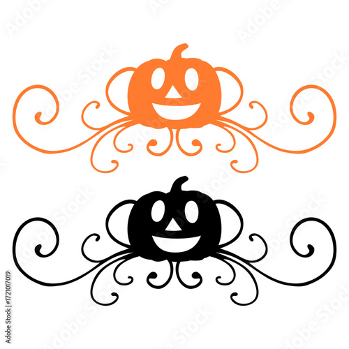 Logo con silueta de calabaza alegre de Halloween con filigrana caligráfica. Silueta con florituras para su uso en tarjetas y felicitaciones