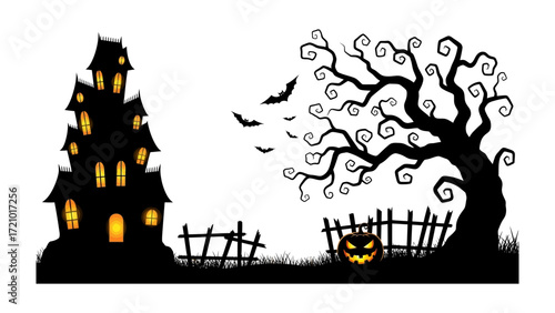 Spooky Night Scene: A silhouetted haunted house stands ominously against a moonlit sky, a chilling Halloween tableau complete with spooky elements. 