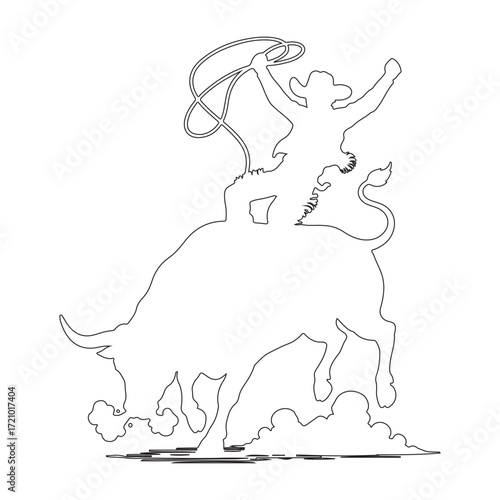 Outline style rodeo cowboy riding bucking bull with lasso, detailed western ranch sport action, vintage wild west country culture, black and white line art vector illustration for cowboy themed design