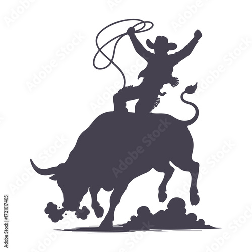 Silhouette rodeo cowboy riding wild bucking bull with lasso, western ranch sport action, dynamic wild west country lifestyle, black vector graphic illustration for farm and cowboy culture designs