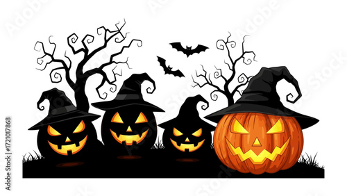 Spooky Pumpkins in a dark night: A quartet of grinning jack-o'-lanterns, illuminated from within, stand before a backdrop of twisted trees and fluttering bats.