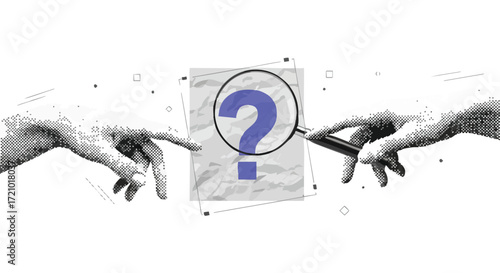 A modern artistic concept of inquiry, with two hands reaching towards a question mark under a magnifying glass.