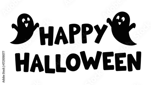 Happy Halloween: a spooky illustration of festive holiday, two ghostly figures float above the words Happy Halloween, and capture the joy and anticipation of the holiday spirit.