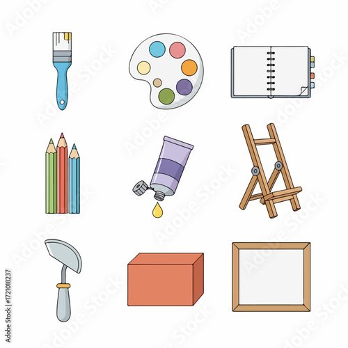 A vibrant collection of essential art supplies and creative tools, including brushes, paints, pencils, easel, and canvas, perfect for artists and hobbyists.