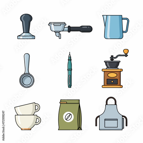 A flat lay collection of essential coffee brewing tools and accessories, perfect for any home barista or professional cafe setting.