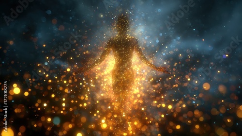 An ethereal figure illuminated by golden sparks against a dark, mystical backdrop, embodying transformation and spiritual awakening.