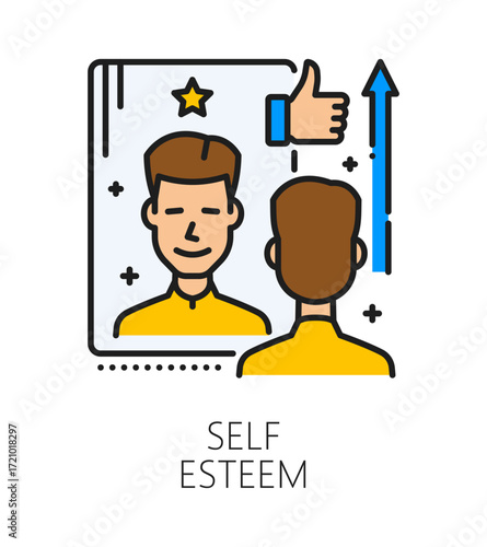 Self esteem life skill color line icon or sign. Personality quality outline vector sign, people self esteem ability symbol. Personality life skill thin line icon with man character looking in mirror