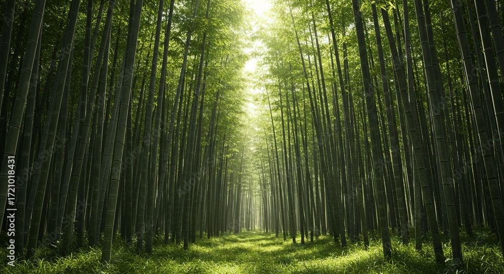 Obraz premium Sunlight filters through dense, tranquil bamboo forest creating serene natural scene