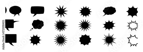 Collection of Black Speech Bubbles and Explosion Shapes on White Background