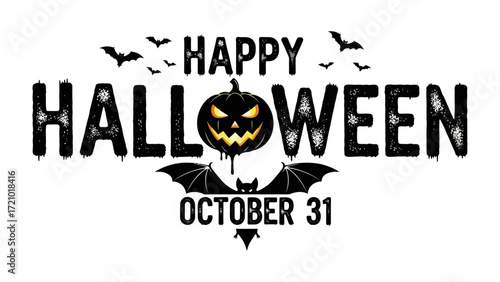 Spooky Halloween Greetings: A festive illustration for Halloween, presenting a grinning Jack-o'-lantern in the center and a collection of bats flying across the top. An iconic October 31 celebration.