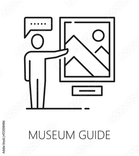 Museum exhibition gallery guide line icon or label. Painting exhibition lineart vector symbol, gallery line icon. Fine art museum thin line pictogram or sign with museum guide presenting painting