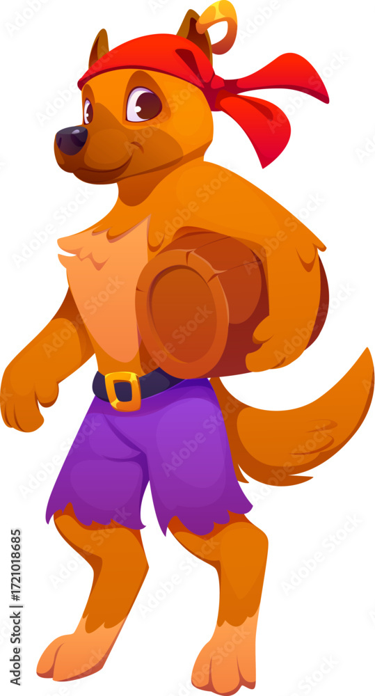 Fototapeta premium Cartoon dog animal pirate nautical adventurer character carrying a wooden barrel. Isolated vector cheerful corsair canine personage with a friendly expression wearing a red bandana and purple shorts