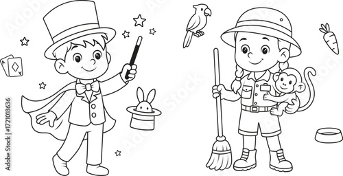 Kids Dream job. Magician and Zookeeper kids. Good for printable coloring sheets, educational materials, preschool learning, career-theme lessons, posters, books, hands-on activity packs