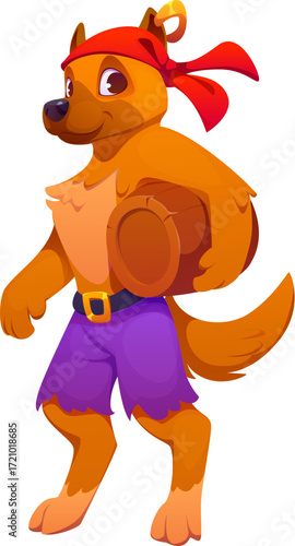 Cartoon dog animal pirate nautical adventurer character carrying a wooden barrel. Isolated vector cheerful corsair canine personage with a friendly expression wearing a red bandana and purple shorts