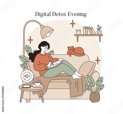 Woman Reading and Relaxing During Digital Detox Evening