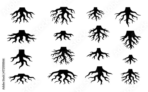 Collection of Black Tree Root Silhouettes on White Background
