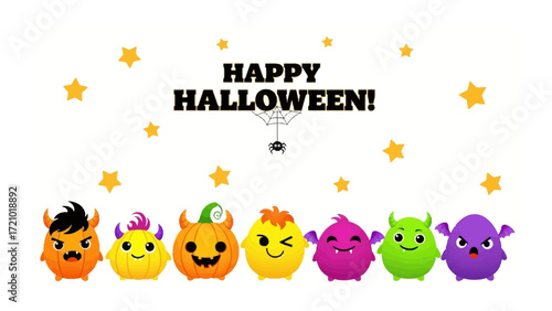 Spooky Monster Gathering: A cheerful ensemble of adorable monsters and Halloween elements, bringing spooky vibes, perfect for greeting cards and fun designs.