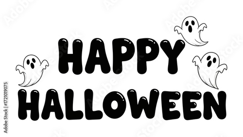 Happy Halloween: Spooky and festive text design. Cute and playful ghosts circle around the cheerful holiday message. Perfect for Halloween decorations and crafts.