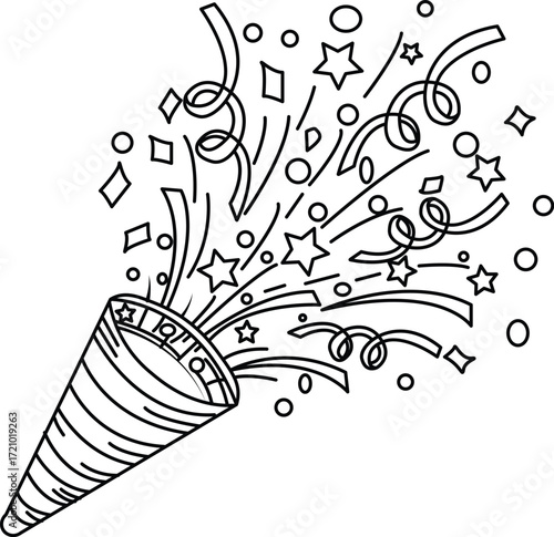 Vector art of confetti popper exploding with streamers and stars