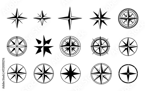 Collection of Compass Rose and Starburst Icons on White Background
