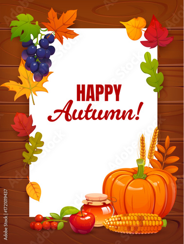 Autumn Thanksgiving holiday vector banner with pumpkin and honey, fruits, corn, grapes and fall season leaves on wooden background. Paper sign board with Thanksgiving autumn holiday food and leaves