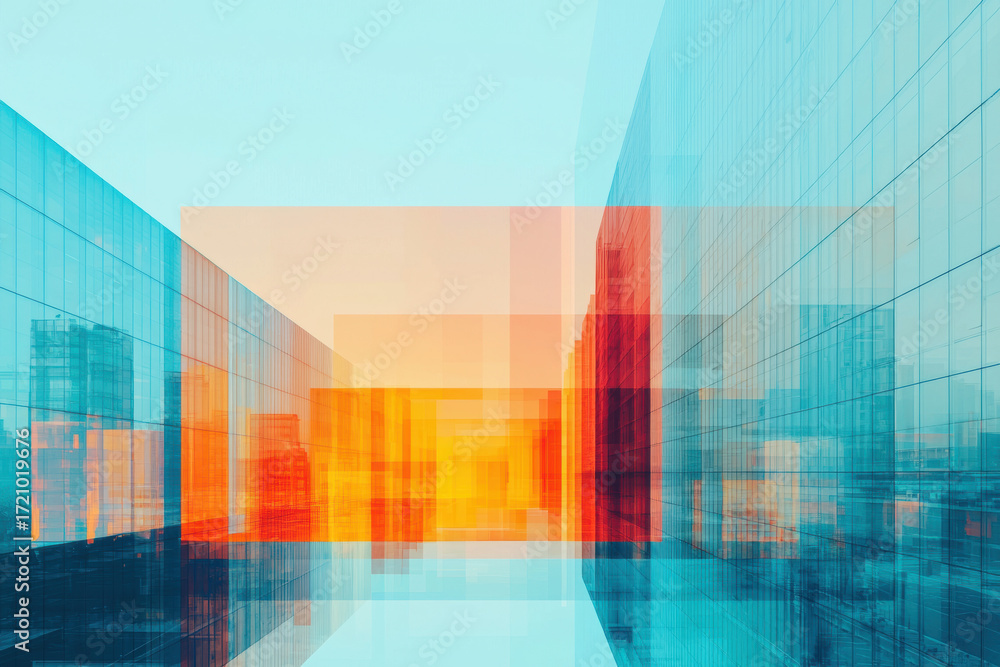 Fototapeta premium Weird angles and unconventional perspectives create vibrant abstract cityscape with colorful geometric reflections