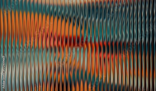 Fototapeta Naklejka Na Ścianę i Meble -  Vibrant fractal gradient with smooth distortion texture, with vertical ribbed glass effect, teal and orange pattern glass glass, iridescent glass ripple background.