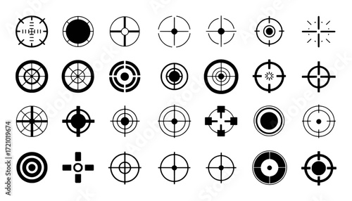 Collection of Diverse Crosshair and Reticle Icons for Targeting and Aiming