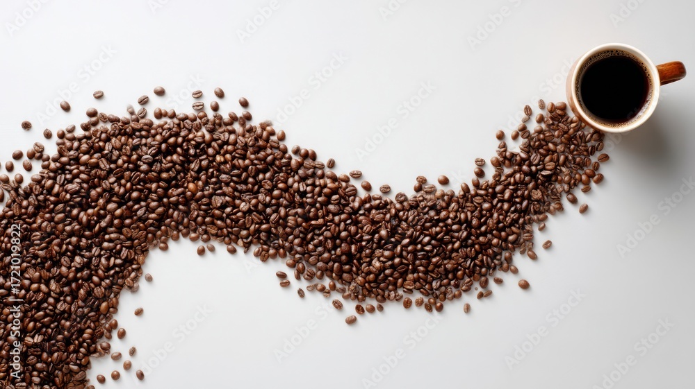 Naklejka premium Coffee cup and beans create elegant swirl on white. Artificial intelligence image