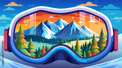 Mountain landscape scene reflected inside a pair of ski goggles