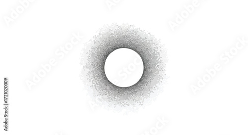 Abstract monochrome illustration of a white circle surrounded by a dark, grainy, stippled texture fading outwards on a white background.