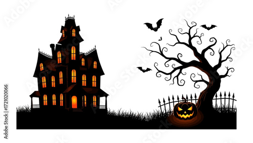 Spooky House in the Dark Night: An eerie silhouette of a haunted house against the dark, with bats and a spooky pumpkin adding to the Halloween ambiance.