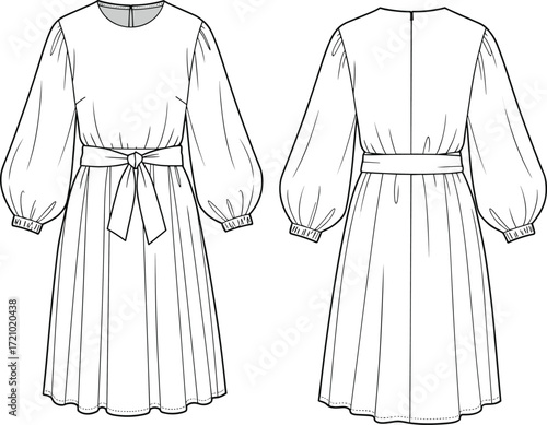 Long sleeve belted midi dress flat sketch, front and back view, technical fashion illustration, cad drawing for clothing design