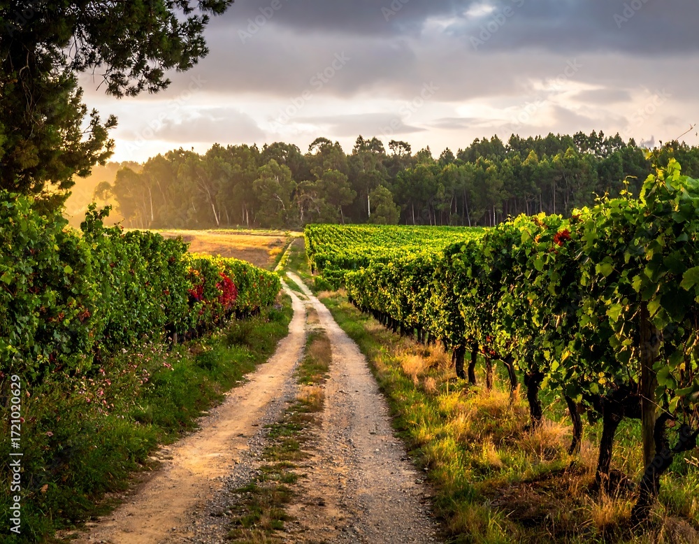 Naklejka premium Country road through vineyards at sunset