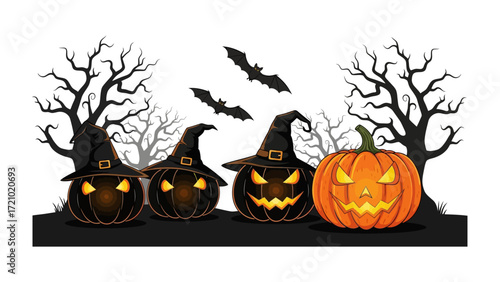 Spooky Halloween Scene: A whimsical tableau of carved pumpkins, adorned with witch hats and ghoulish expressions, are perched beneath ominous, bare trees, creating a captivating Halloween ambiance.