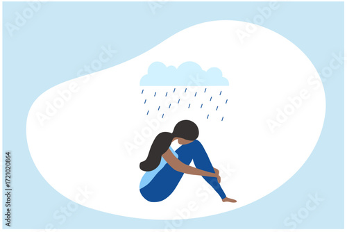 Sad and depressed woman hug her knee sitting on window. Unhappy and stressed, psychology, depression, stress, mental health and loneliness vector illustration.