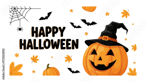 Halloween-Themed Imagery: A vibrant, cartoonish illustration captures the essence of Halloween with playful elements like pumpkins, bats, spiderwebs, and falling leaves, embodying the festive spirit.