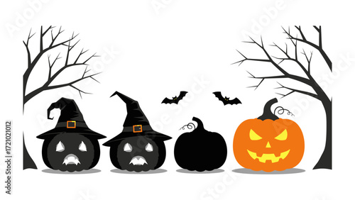 Spooky Halloween Carvings: An array of stylized, carved pumpkins stands side-by-side, each a unique creation with its own personality, set against a spooky backdrop of bare trees and bats.