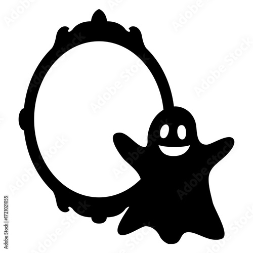 Logo con silueta de marco ovalado de espejo decorativo con fantasma sonriente para tarjetas y felicitaciones de Halloween