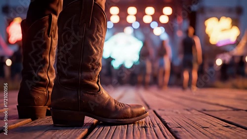 Cinematic Closeup Cowboy Boots On Wooden Boardwalk With Festival Lights