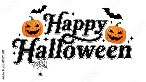 Happy Halloween Greeting: A festive and vibrant Halloween greeting featuring grinning jack-o'-lanterns, playful bats, a creepy spider web, and sparkling stars.
