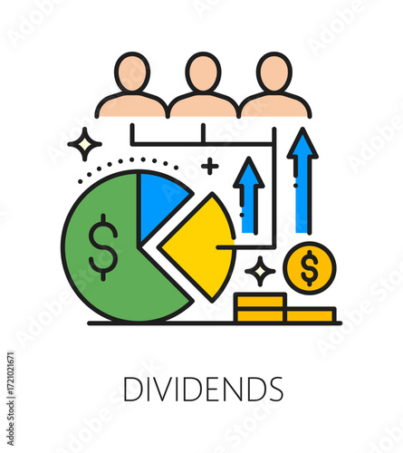 Investment dividends, business color line icon or pictogram. Investor dividends outline vector sign, investment startup line symbol. Capital fund thin line pictogram with share dividends diagram