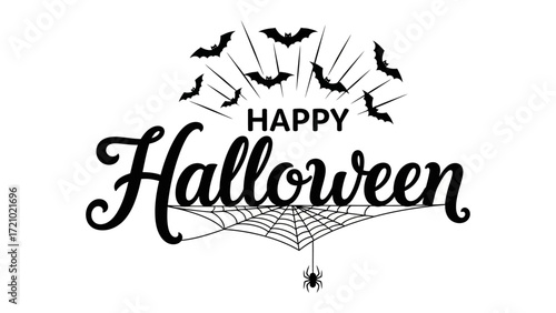 Spooky Celebration: A graphic emblem featuring the words Happy Halloween adorned with illustrative bats and a spiderweb design, perfectly encapsulating the eerie spirit of the holiday season.