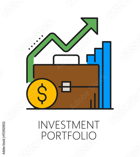 Investment portfolio, business color line icon or label. Capital portfolio lineart vector sign, investment startup pictogram. Investor fund company icon with briefcase and revenue growth infographics