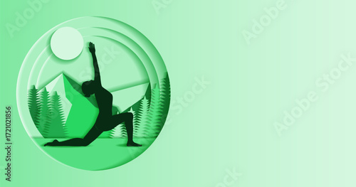 Horizontal template. Anjaneyasana yoga pose. Crescent Lunge on the Knee with Gaze Up pose. Paper cut design. Isolated vector illustration.