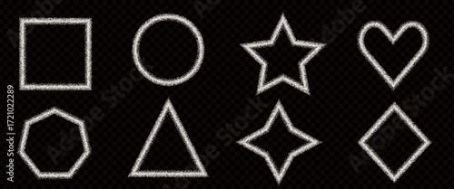 Salt geometric shapes thin stroke frames set. Grainy noise textured white sugar powder borders in round, triangle and heart shapes. Flour powder elements. Vector callout grunge brush illustration..