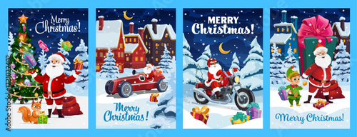 Merry Christmas posters with cheerful Santa Claus and elf cartoon characters, vector Xmas winter holidays. Happy Santa delivering Christmas gifts by retro race car and motorbike, Xmas greeting cards
