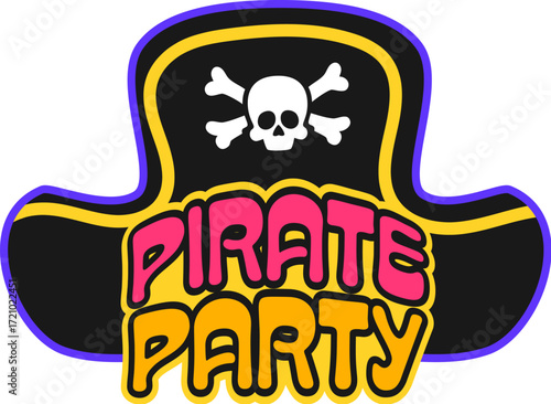 Corsair pirate party retro Y2K sticker or tag. Corsair treasure hunting patch, filibuster marine 60s Y2K vector label. Piracy and sailing tag or sticker with Jolly Roger skull on tricorn hat