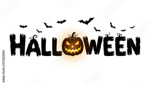 Halloween Invitation: Spooky Halloween graphic featuring a carved pumpkin with a glowing face amidst a swarm of bats, perfect for Halloween party invitations and decorations.